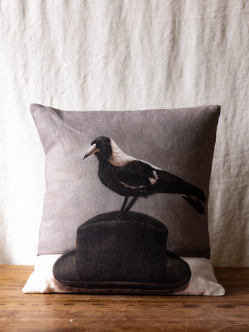 Anita Mertzlin ~ Magpie on Hat Linen Cushion