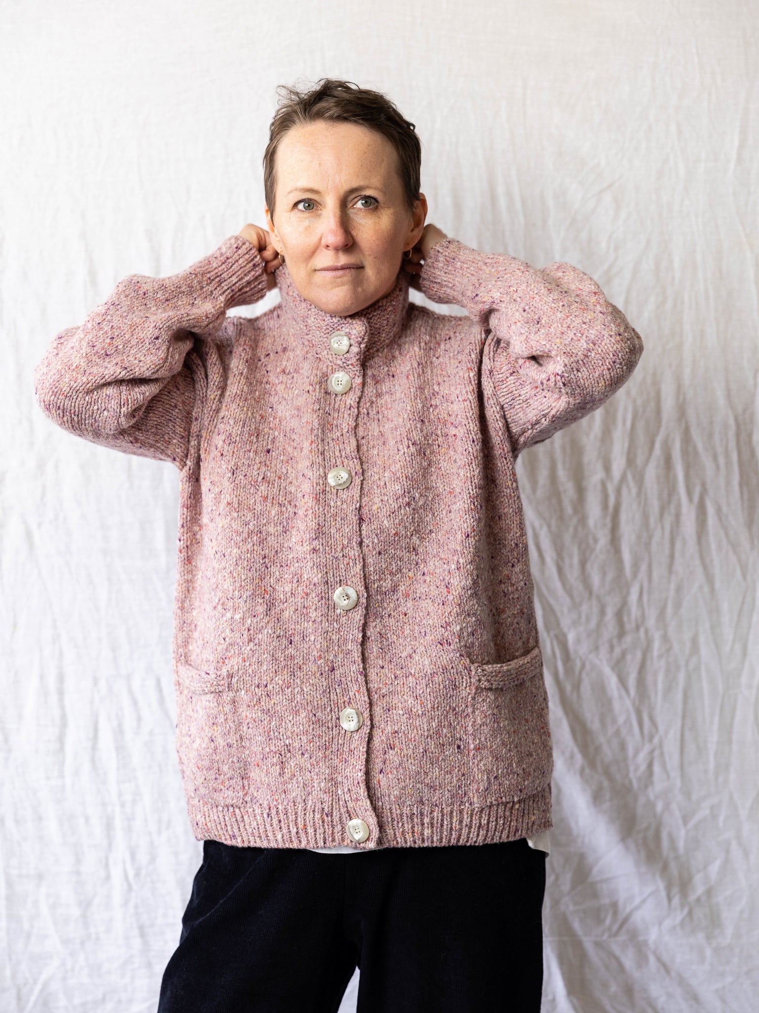 Fisherman ~ Donegal Crew Neck Cardigan w/ Patch Pockets